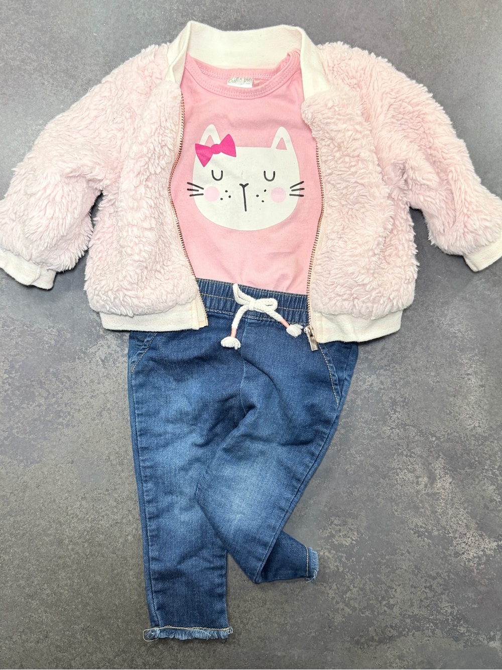 Pink Bow Cat Graphic Bodysuit Plushy Bomber Jacket Denim-Look Legging Outfit